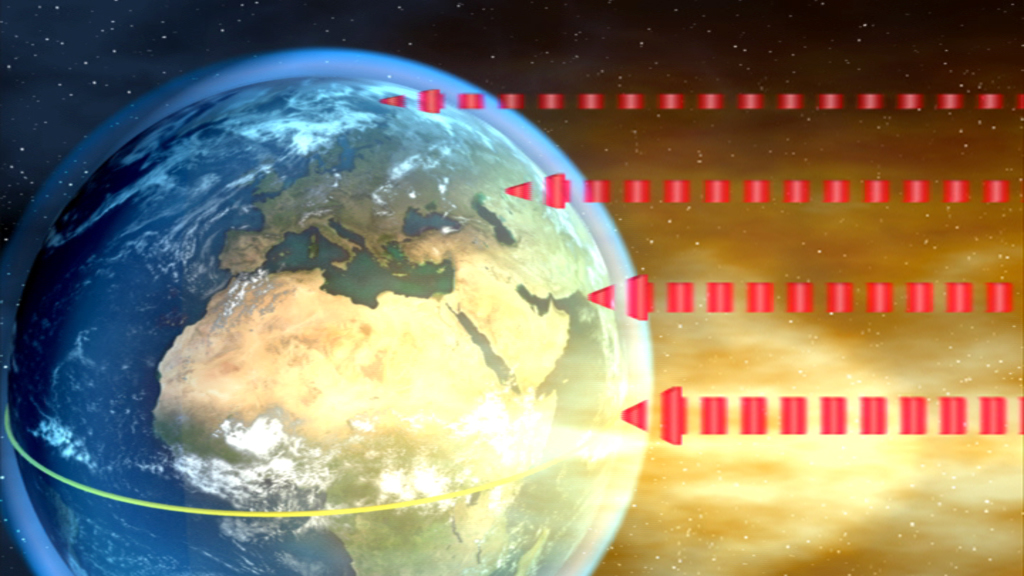 Darstellung der Erde mit Sonnenstrahlen, die auf die Oberfläche treffen, und einem hellen Sonnenlichtstrahl.