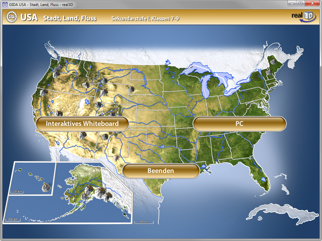 Menü der Software "USA – Stadt, Land, Fluss".