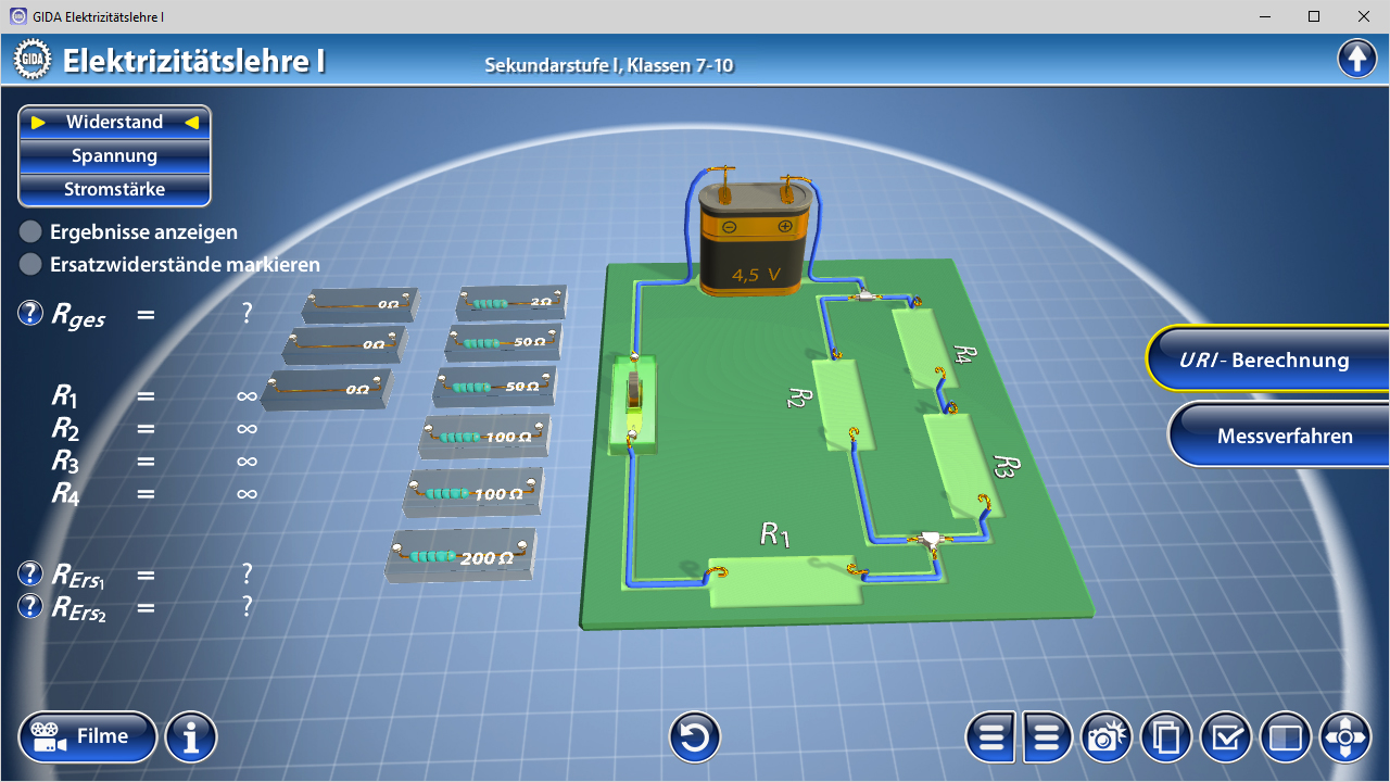 Interaktive Simulation zur Elektrizitätslehre mit Widerstand, Spannung und Stromstärke in einem Schaltkreis.
