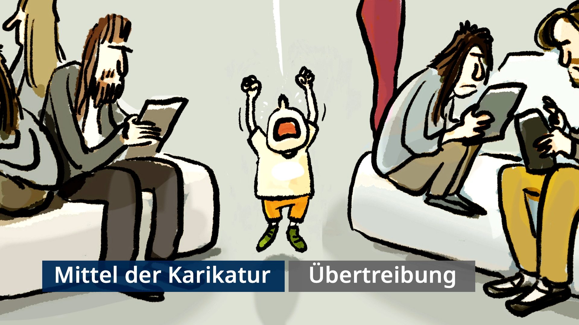 Kind schreit mit erhobenen Armen zwischen sitzenden Erwachsenen, die auf ihre Smartphones schauen