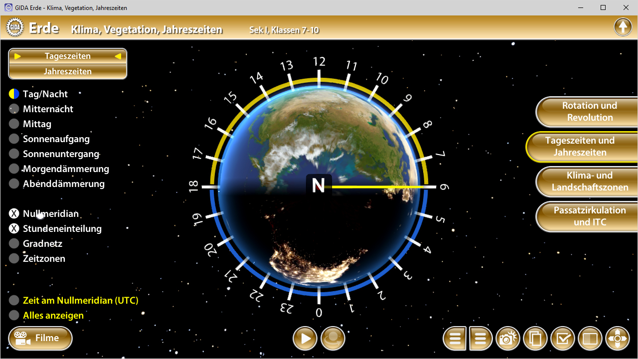Interaktive Darstellung der Erde mit Informationen zu Klima, Vegetation und Jahreszeiten.