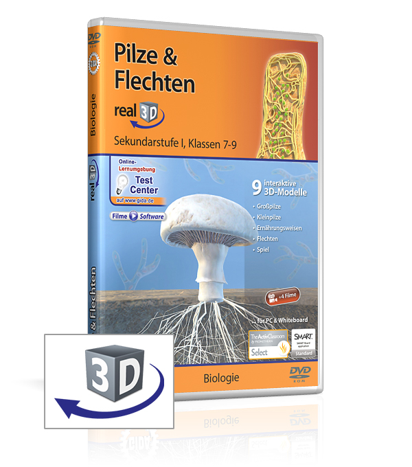 DVD-Cover für 'Pilze & Flechten', enthält 9 interaktive 3D-Modelle für Biologie, geeignet für Klassen 7-9.