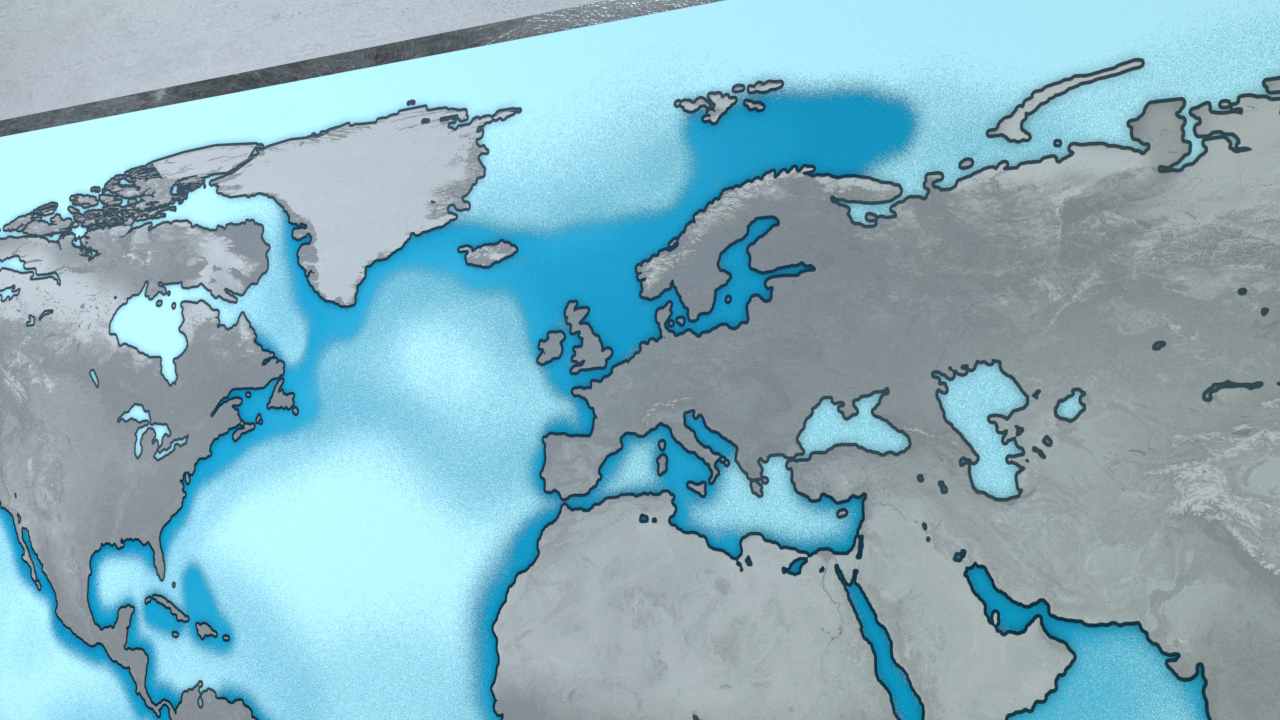 Karte der Welt mit blauen Wasserflächen und grauen Landmassen, Fokus auf Europa und Nordamerika.