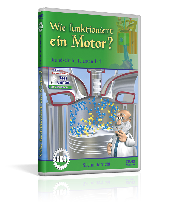 DVD-Cover mit dem Titel 'Wie funktioniert ein Motor?' für Grundschüler, zeigt eine schematische Darstellung eines Motors und einen Wissenschaftler.