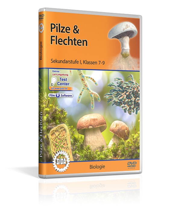 DVD-Cover mit dem Titel 'Pilze & Flechten' für Sekundarstufe I. Es zeigt Bilder von Pilzen.
