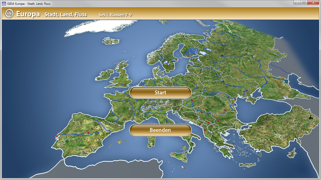 Interaktive Karte von Europa mit Städten, Ländern und Flüssen, Schaltflächen 'Start' und 'Beenden' in der Mitte.