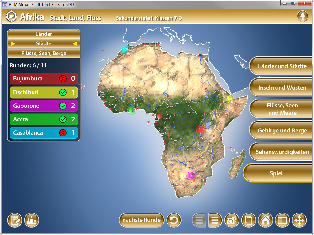 Karte von Afrika mit markierten Ländern, Städten und geografischen Merkmalen für ein Lernspiel.