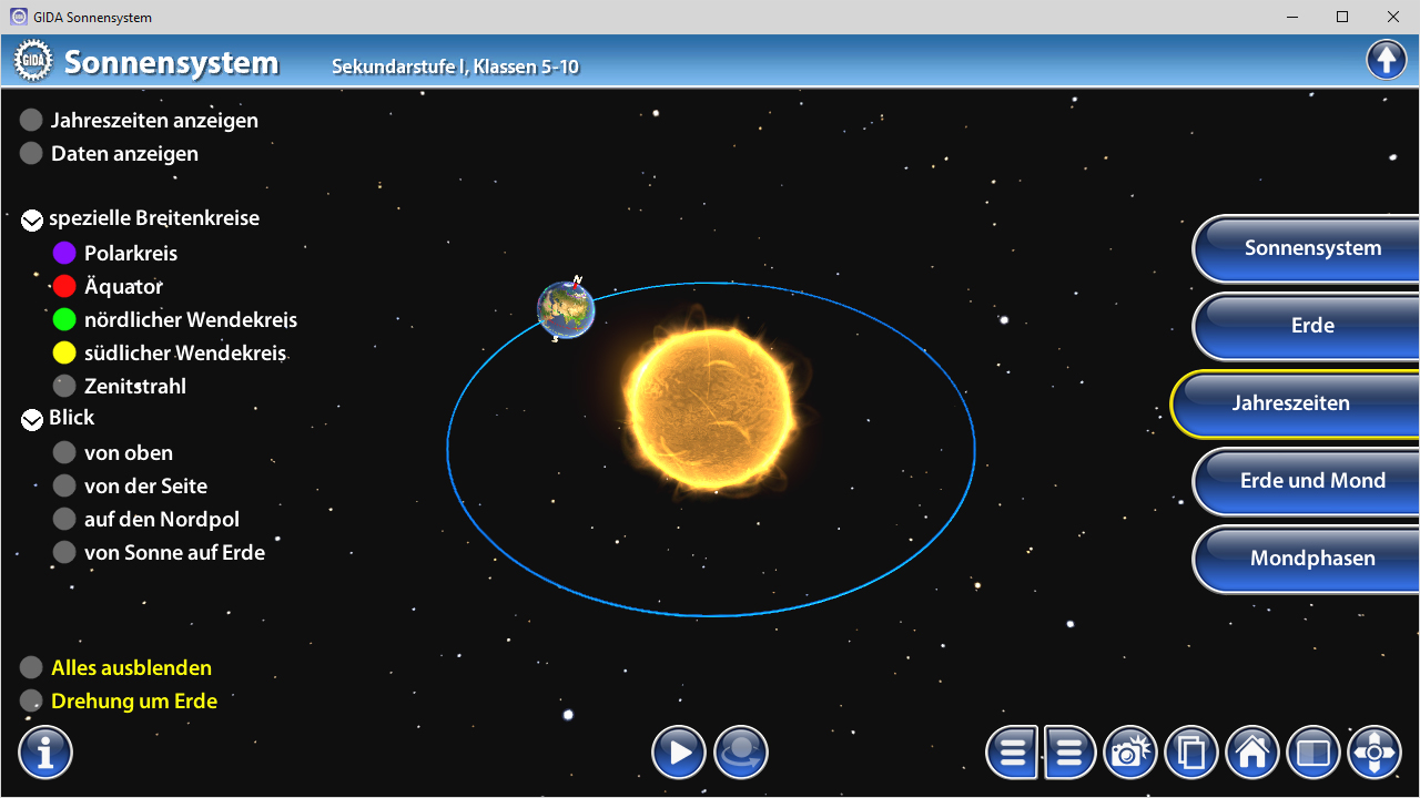 Interaktive Darstellung des Sonnensystems mit Optionen für Jahreszeiten, Erde und Mondphasen.