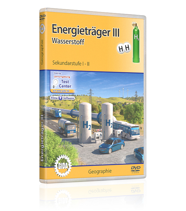 Energieträger III - Wasserstoff DVD-Cover für 'Energieträger III: Wasserstoff' mit Bildern von Wasserstofffahrzeugen und Tankstellen.