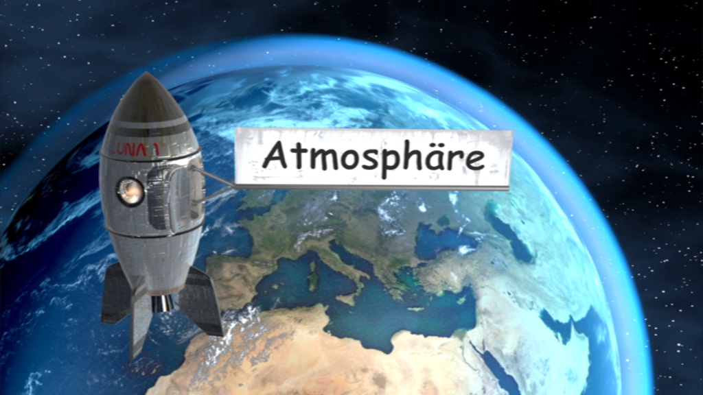 Eine Rakete schwebt über der Erde mit dem Text 'Atmosphäre' daneben.
