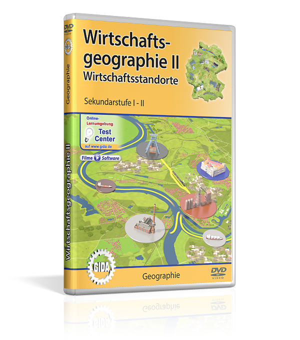 DVD-Cover für 'Wirtschaftsgeographie II: Wirtschaftsstandorte', Sekundarstufe I-II, mit einer grafischen Darstellung von Wirtschaftsstandorten und einer Karte.