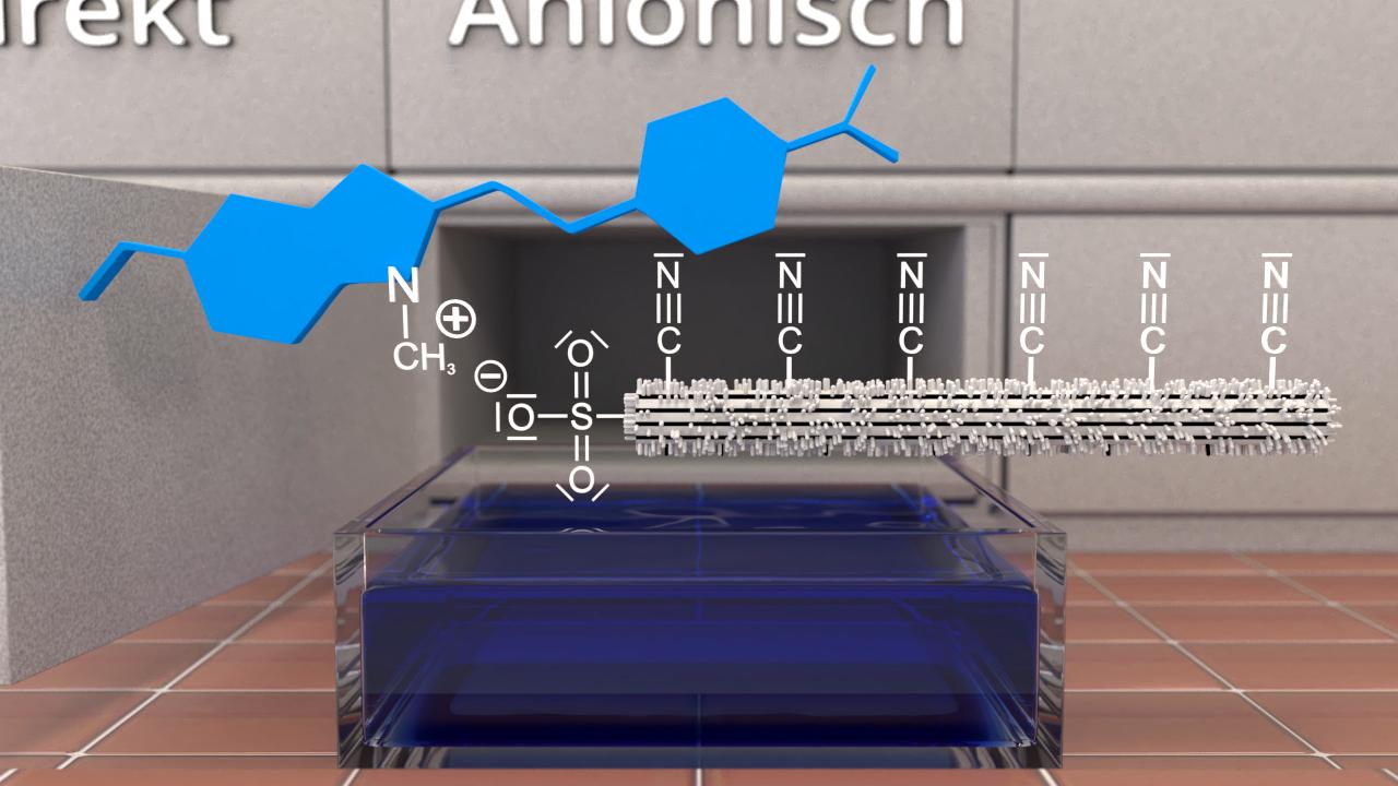 3D-Darstellung einer chemischen Struktur mit blauen Molekülen und Text, der die Begriffe 'Direkt' und 'Anionisch' zeigt.