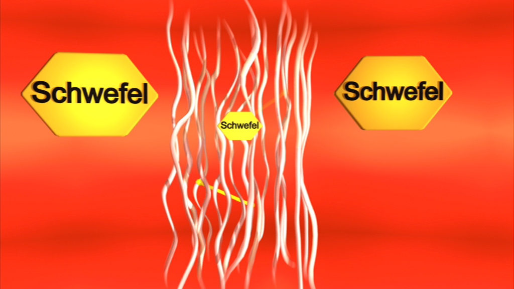 Grafik zeigt das Element Schwefel in gelben Hexagonen, umgeben von weißen Linien auf rotem Hintergrund.