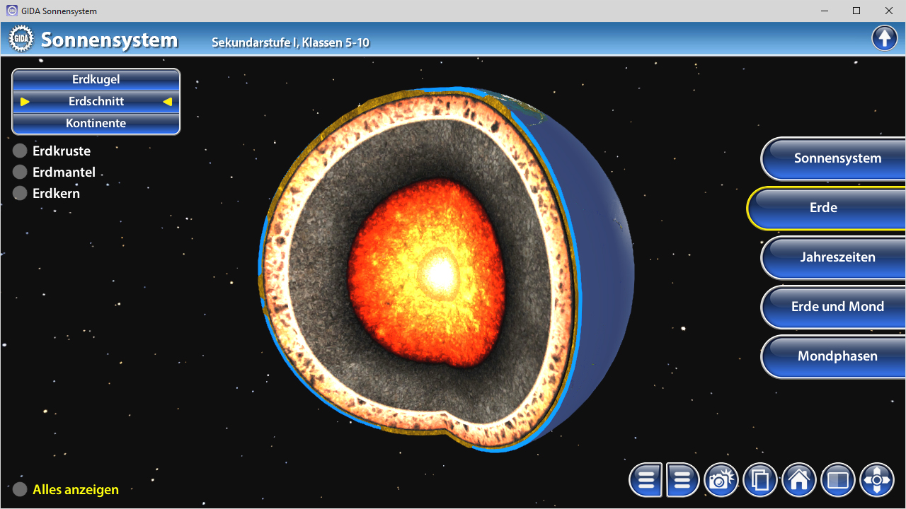 3D-Darstellung der Erde mit sichtbarem inneren Kern, Mantel und Kruste, umgeben von den Planeten des Sonnensystems.