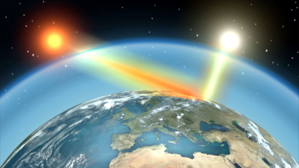 Darstellung der Erde mit Sonnenstrahlen, die auf die Oberfläche treffen, und einer Darstellung von Lichtstrahlen.