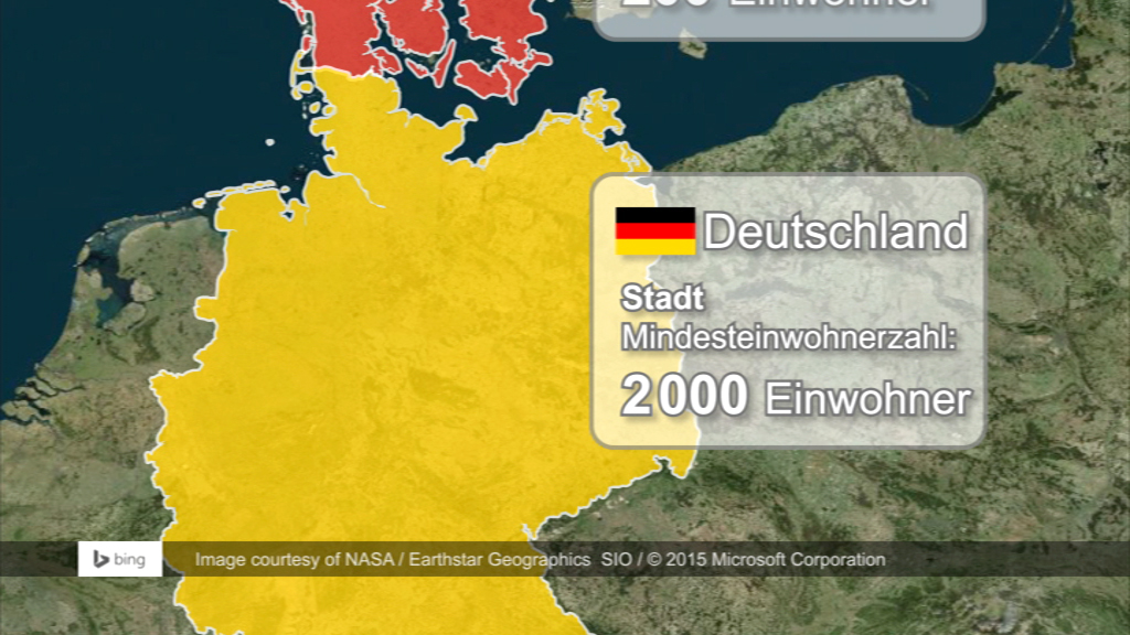 Karte von Deutschland mit den Bundesländern, die Mindesteinwohnerzahl von 2000 anzeigen.