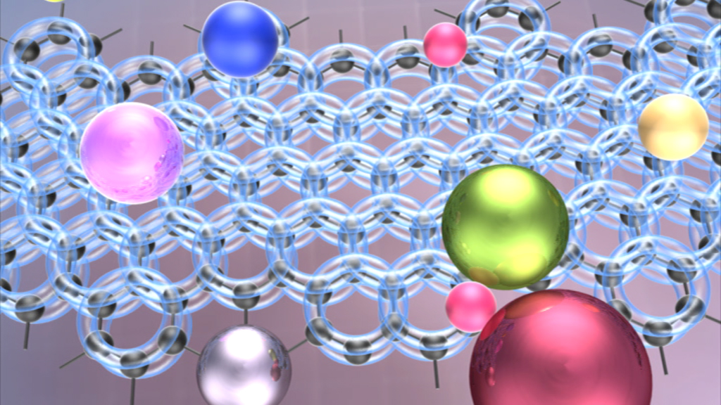 Grafik, die ein Netzwerk aus Atomen und Molekülen zeigt, umgeben von bunten, schimmernden Kugeln.