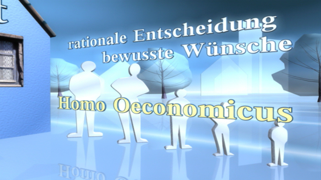 Grafik mit dem Begriff 'Homo Oeconomicus', umgeben von den Worten 'rationale Entscheidung' und 'bewusste Wünsche', vor einem blauen Hintergrund mit stilisierten Figuren.