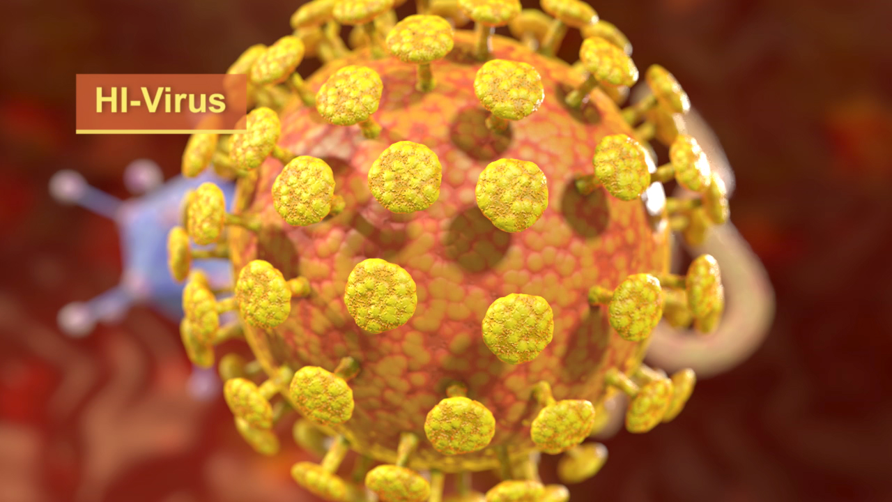 3D-Darstellung des HI-Virus mit gelben Viruspartikeln auf rotem Hintergrund.