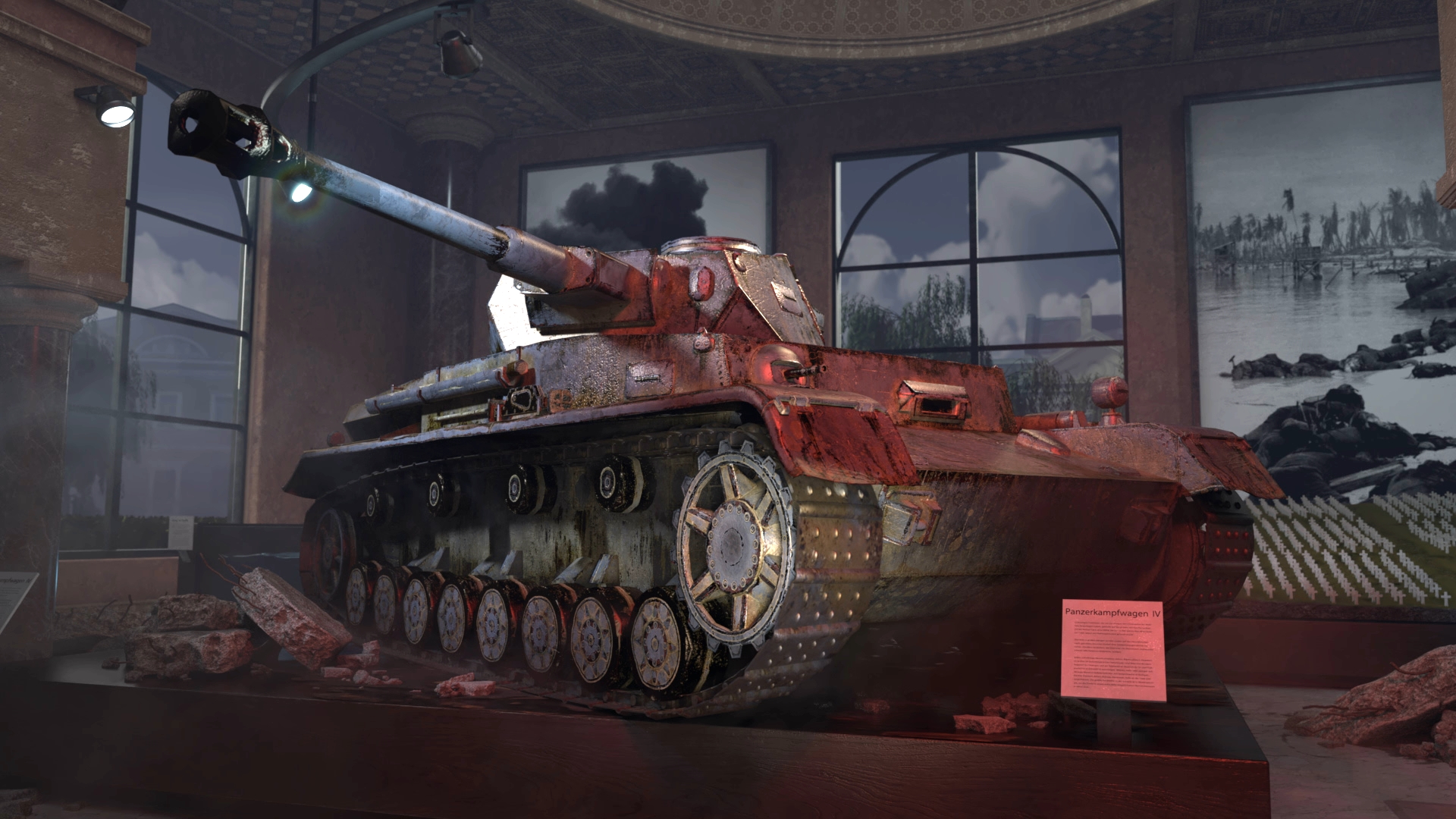 Ein historischer Panzer, rot und grau, ausgestellt in einem Museum mit großen Fenstern im Hintergrund.