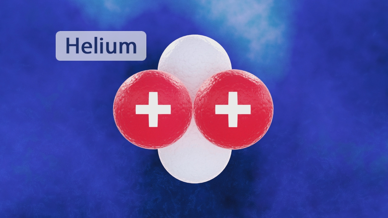 Grafik zeigt ein Helium-Molekül mit zwei roten Kugeln und einer weißen Kugel, beschriftet mit 'Helium'.