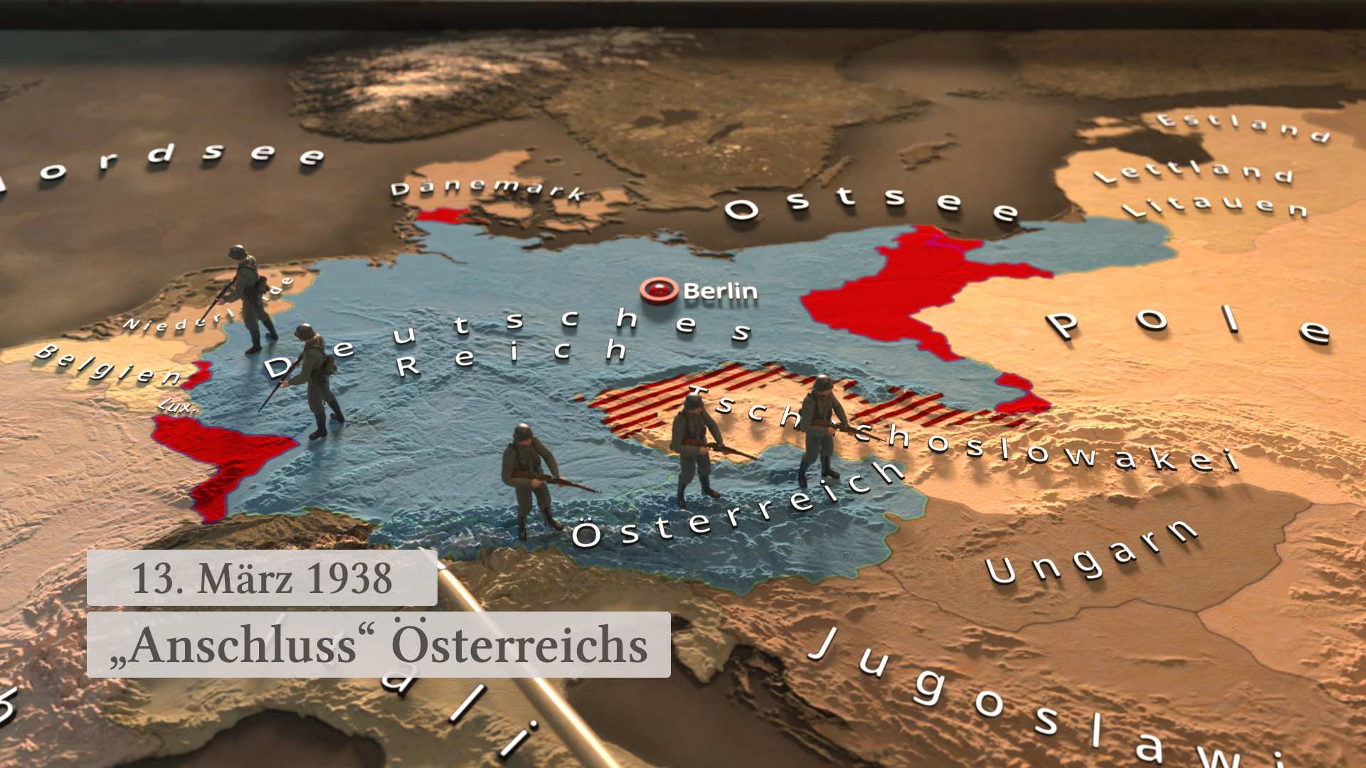 Karte von Europa mit dem Deutschen Reich und dem Anschluss Österreichs am 13. März 1938, markiert in Rot und Blau.