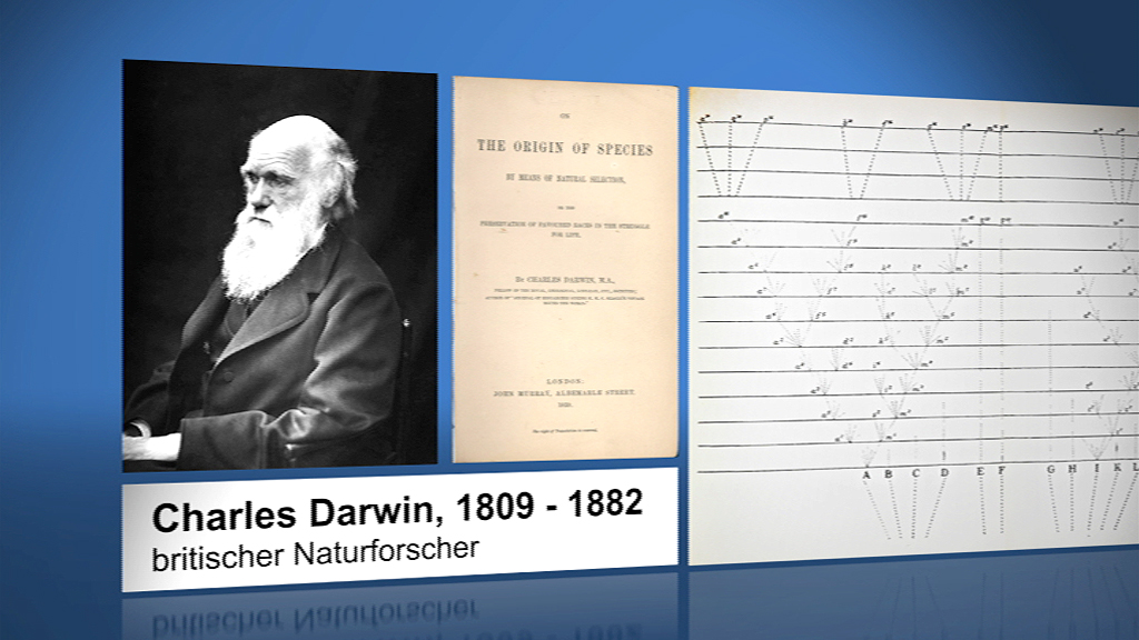 Porträt von Charles Darwin, britischer Naturforscher, neben dem Titelblatt seines Buches 'The Origin of Species' und einer handschriftlichen Notiz.