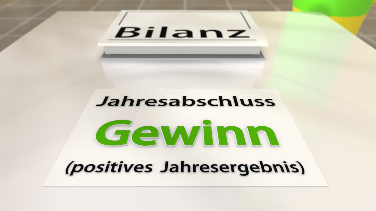 Tafel mit den Begriffen 'Bilanz' und 'Gewinn (positives Jahresergebnis)' in grüner Schrift.