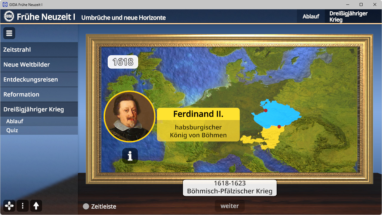 Karte Europas mit markiertem Gebiet, Textfeld 'Ferdinand II. habsburgischer König von Böhmen', Zeitangabe '1618-1623 Böhmisch-Pfälzischer Krieg', Menü mit historischen Themen links.