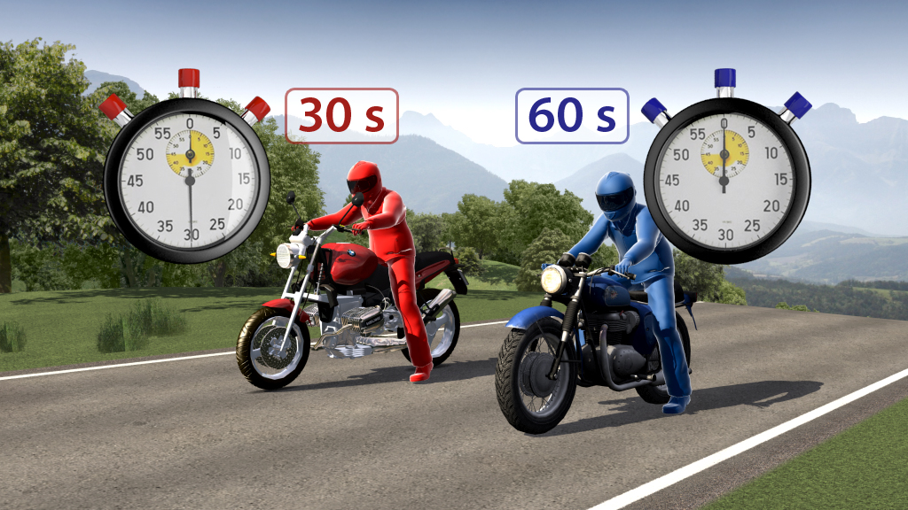 Zwei Motorradfahrer in Rot und Blau stehen auf einer Straße, mit Stoppuhren, die 30 Sekunden und 60 Sekunden anzeigen.