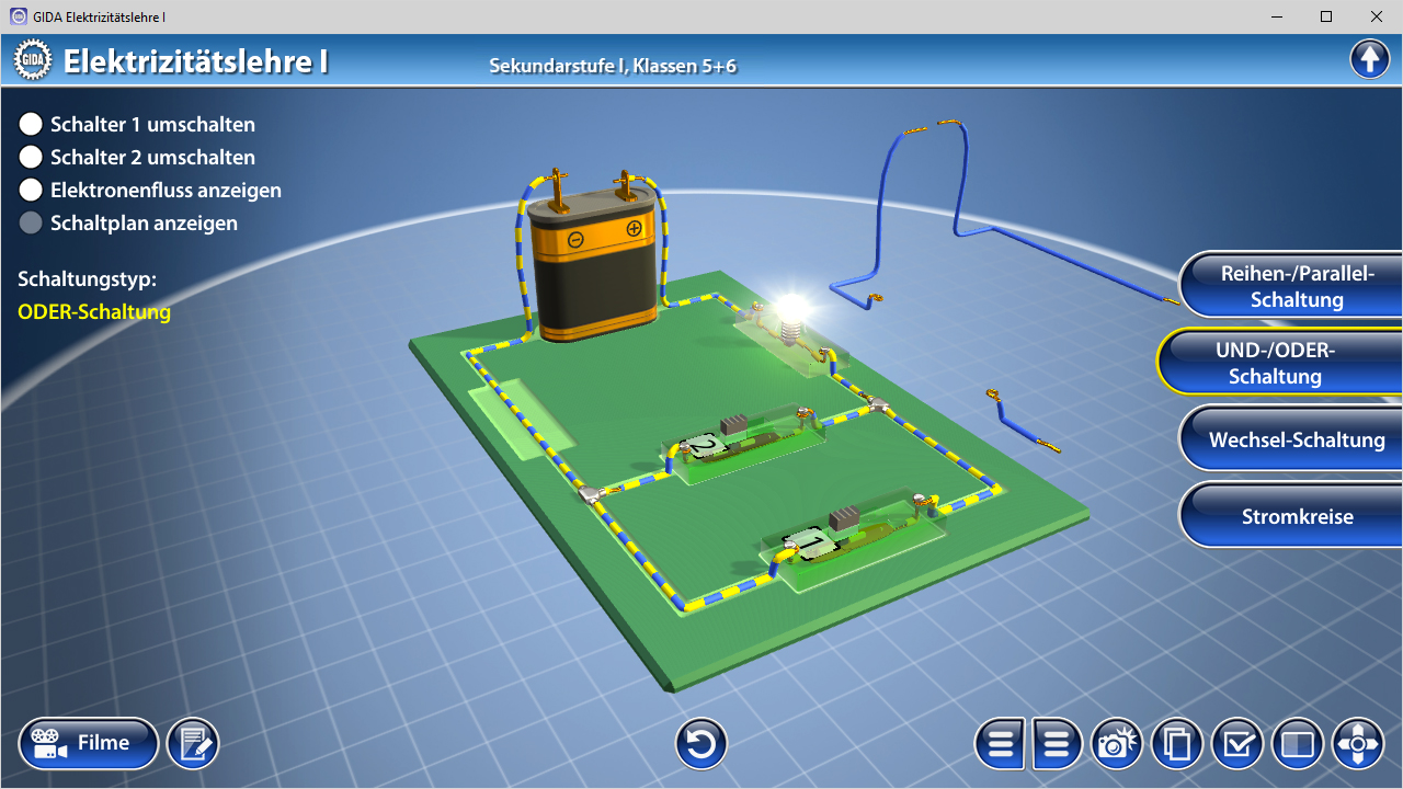 Interaktive Simulation zur Elektrizitätslehre mit Schaltkreisen und Schaltern.