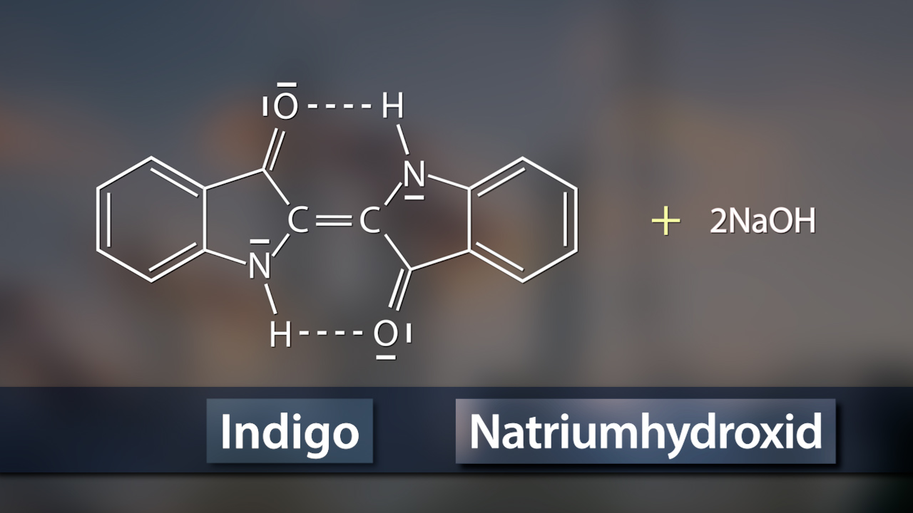 Chemische Strukturformel von Indigo und Natriumhydroxid, mit Reaktionsgleichung.