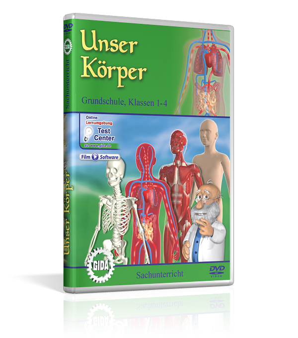 DVD-Cover für 'Unser Körper' mit Illustrationen des menschlichen Körpers und einem Lehrer.