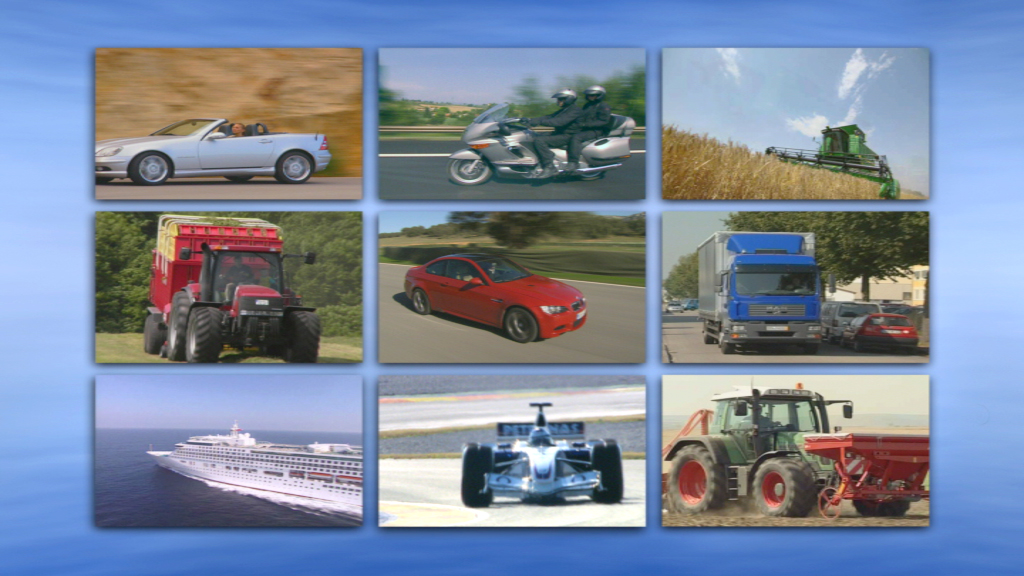 Eine Collage von Fahrzeugen: ein Cabrio, ein Motorrad, ein Mähdrescher, ein Traktor, ein rotes Auto, ein Lkw, ein Kreuzfahrtschiff, ein Formel-1-Auto und ein weiterer Traktor.