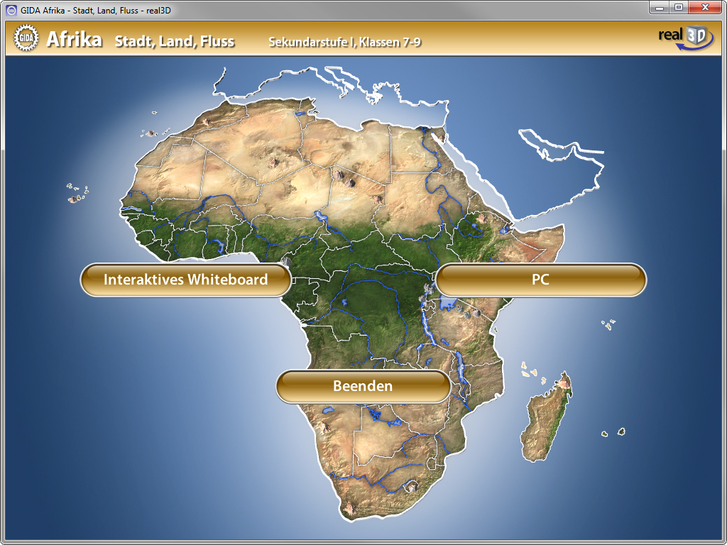 Karte von Afrika mit interaktiven Optionen für Stadt, Land, Fluss und PC.