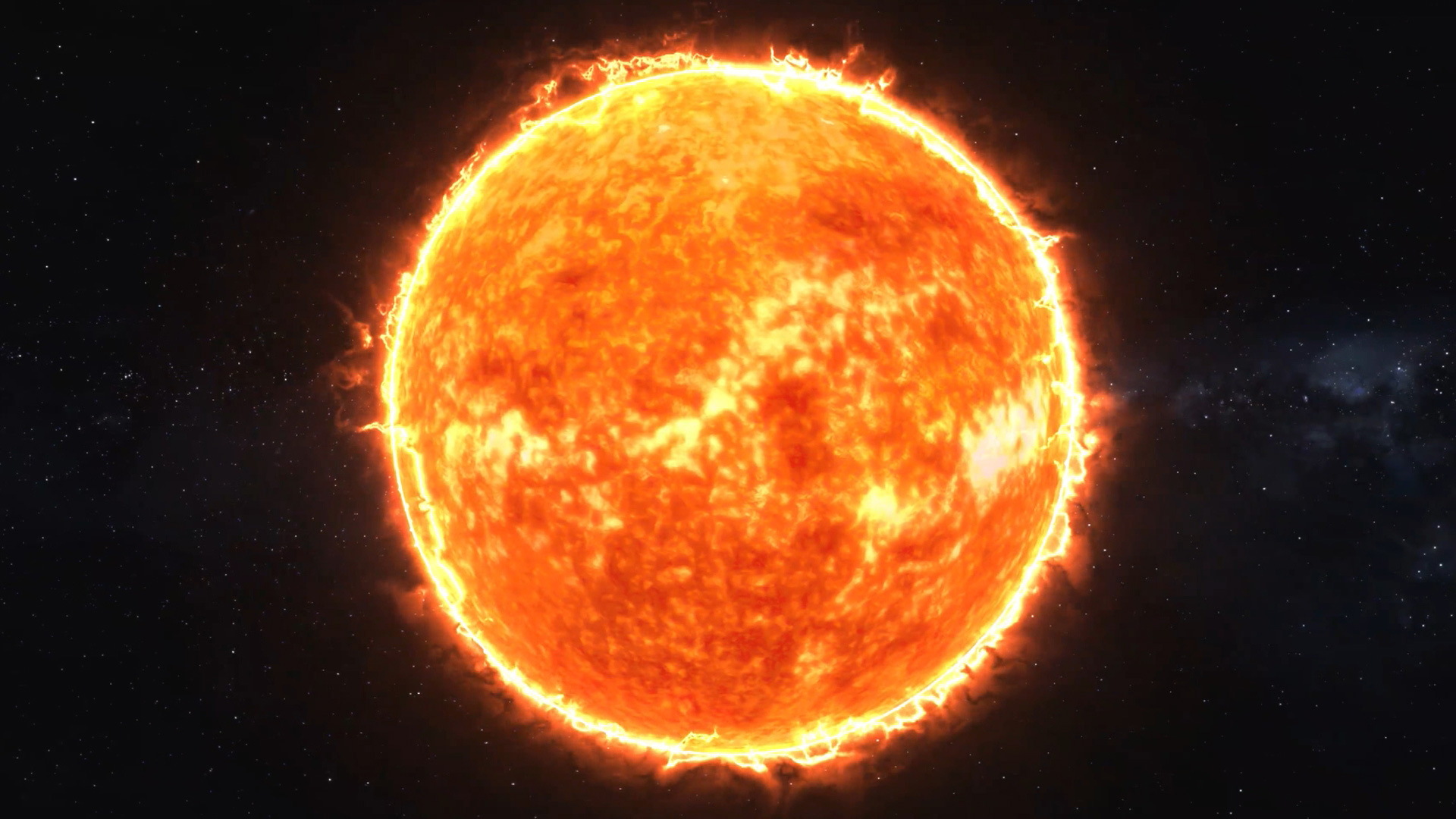 Leuchtende Sonne mit feuriger Oberfläche und Strahlen, vor einem dunklen Hintergrund.