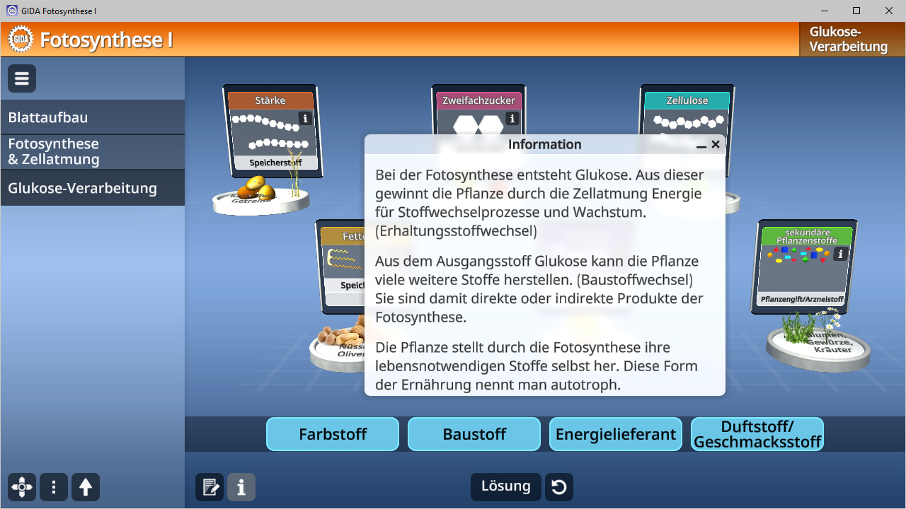 Interaktive Lernanwendung zur Fotosynthese mit Informationen über Glukose und deren Rolle in der Pflanzenernährung.