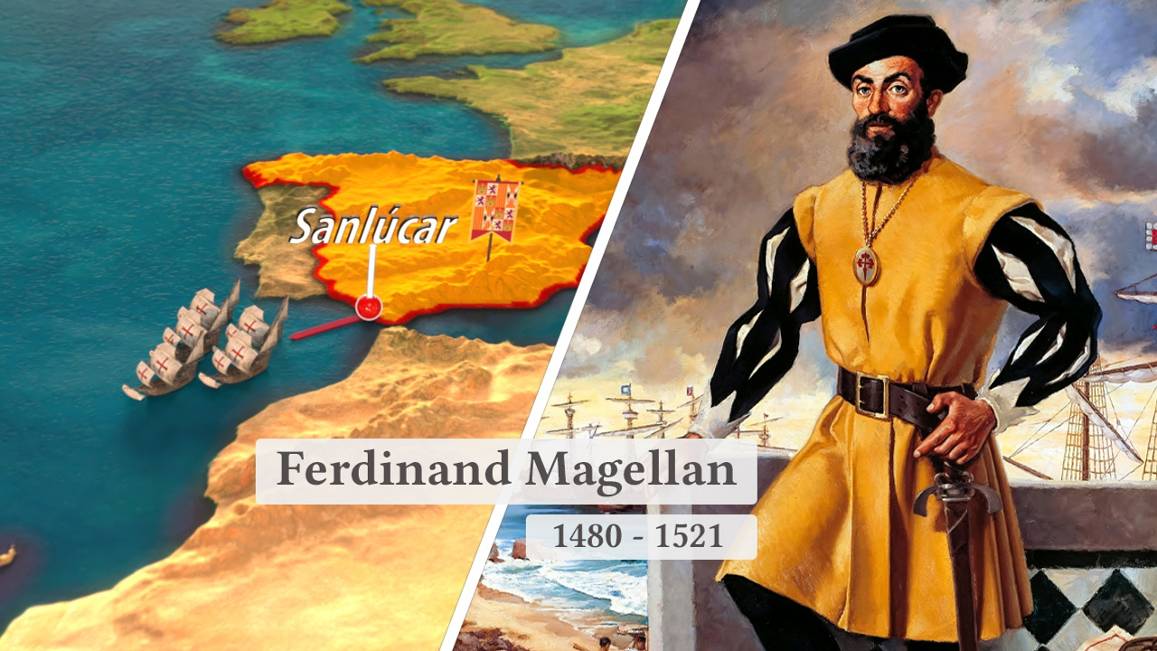 Karte von Sanlúcar mit Schiffen und Porträt von Ferdinand Magellan in gelber Kleidung.