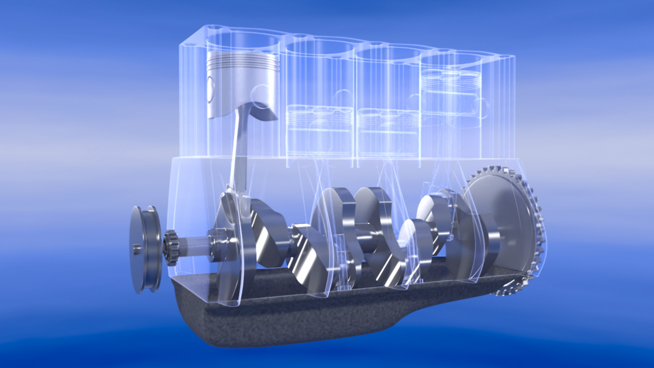 Durchsichtige Darstellung eines Motorblocks mit Kolben, Kurbelwelle und Zahnrad.