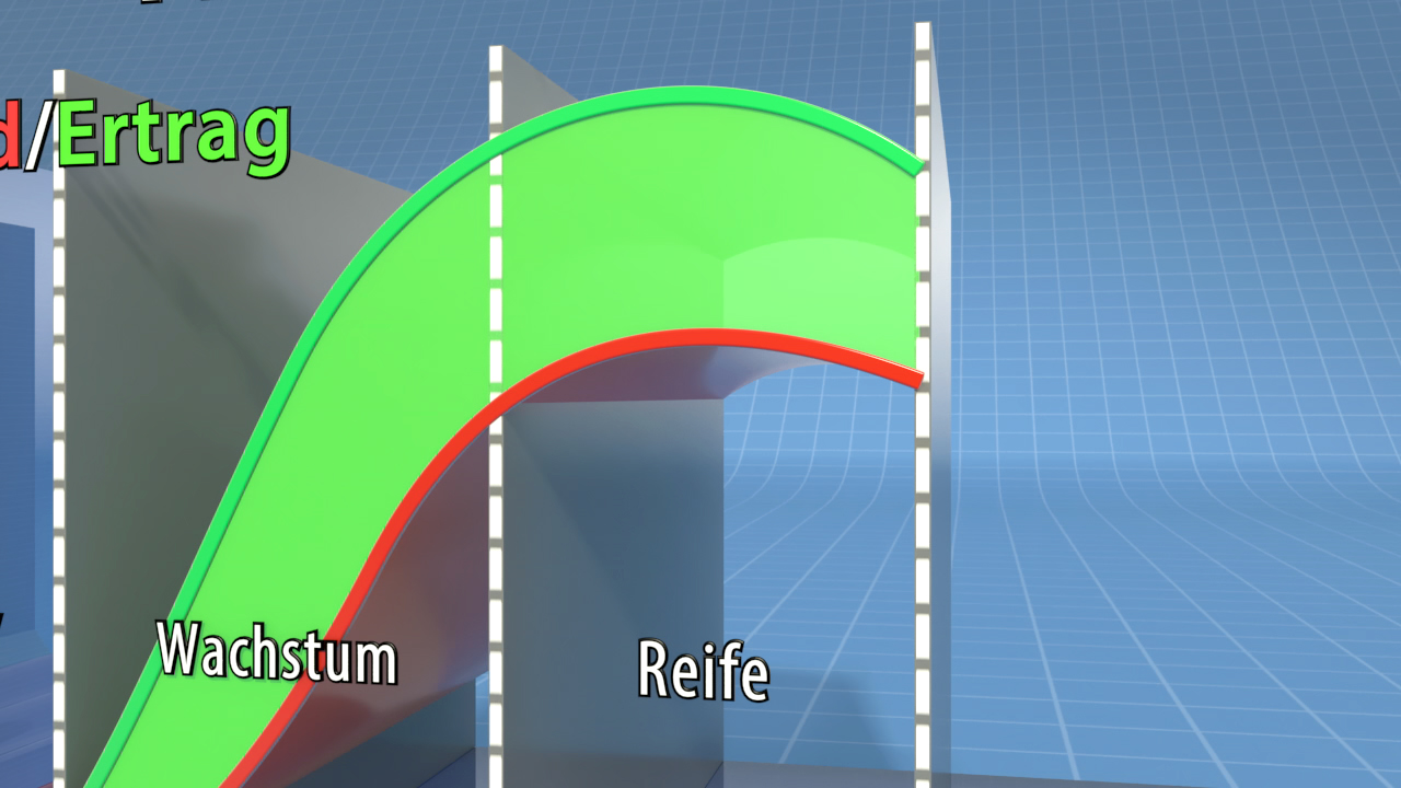 Grafik zeigt Wachstum und Reife mit einer Kurve, die den Ertrag darstellt.