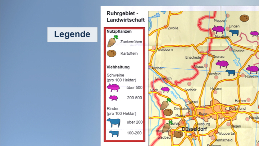 Karte des Ruhrgebiets mit Legende zu Nutzpflanzen und Viehhaltung, einschließlich Zuckerüben, Kartoffeln, Schweinen und Rindern.
