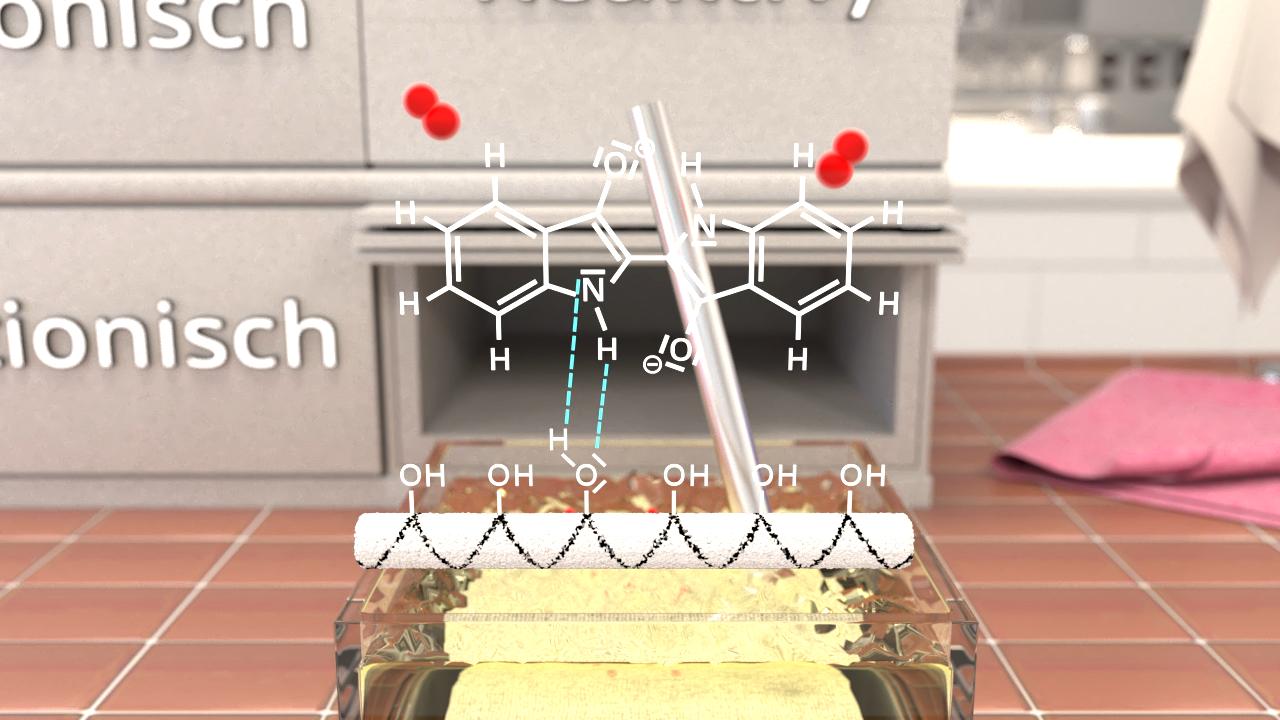 Chemische Strukturformel mit Wasserstoffbrückenbindungen, dargestellt auf einer Laboroberfläche.