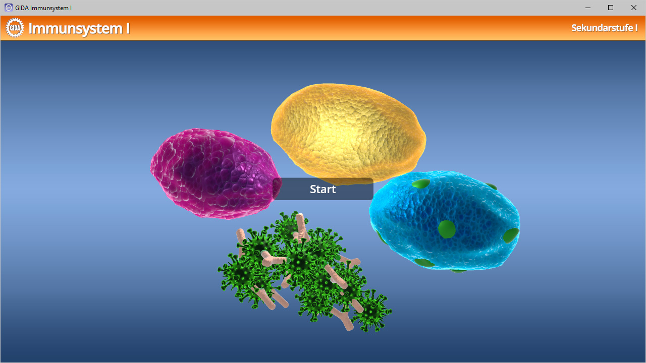 Grafik des Immunsystems mit bunten Zellen und einem Startbutton in der Mitte.