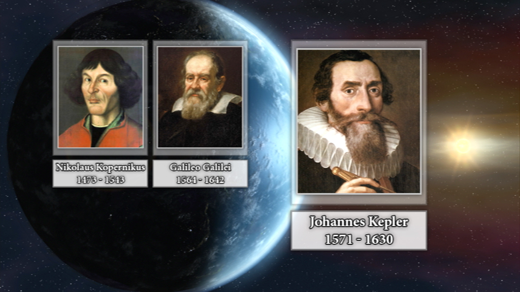 Porträts von Nikolaus Kopernikus, Galileo Galilei und Johannes Kepler, umgeben von einem Weltraumhintergrund.