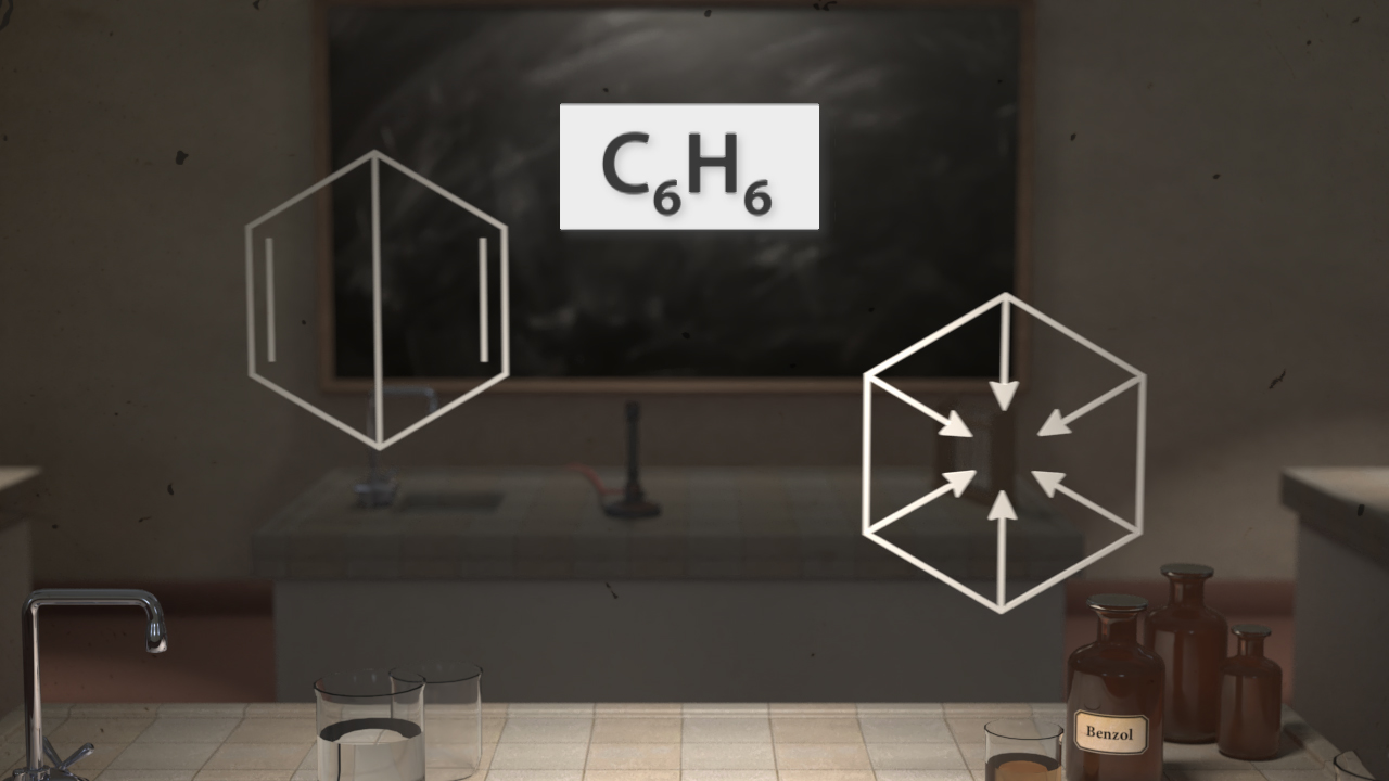 Chemische Strukturformeln von Benzol (C6H6) und Cyclohexan, dargestellt auf einer Tafel in einem Labor.