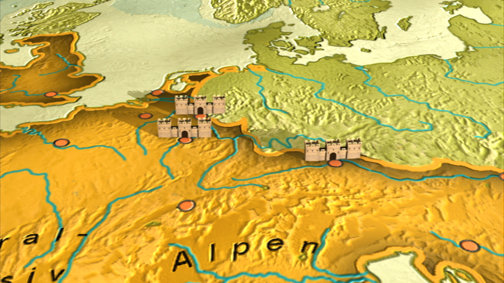 Topografische Karte von Europa mit den Alpen und markierten Burgen.