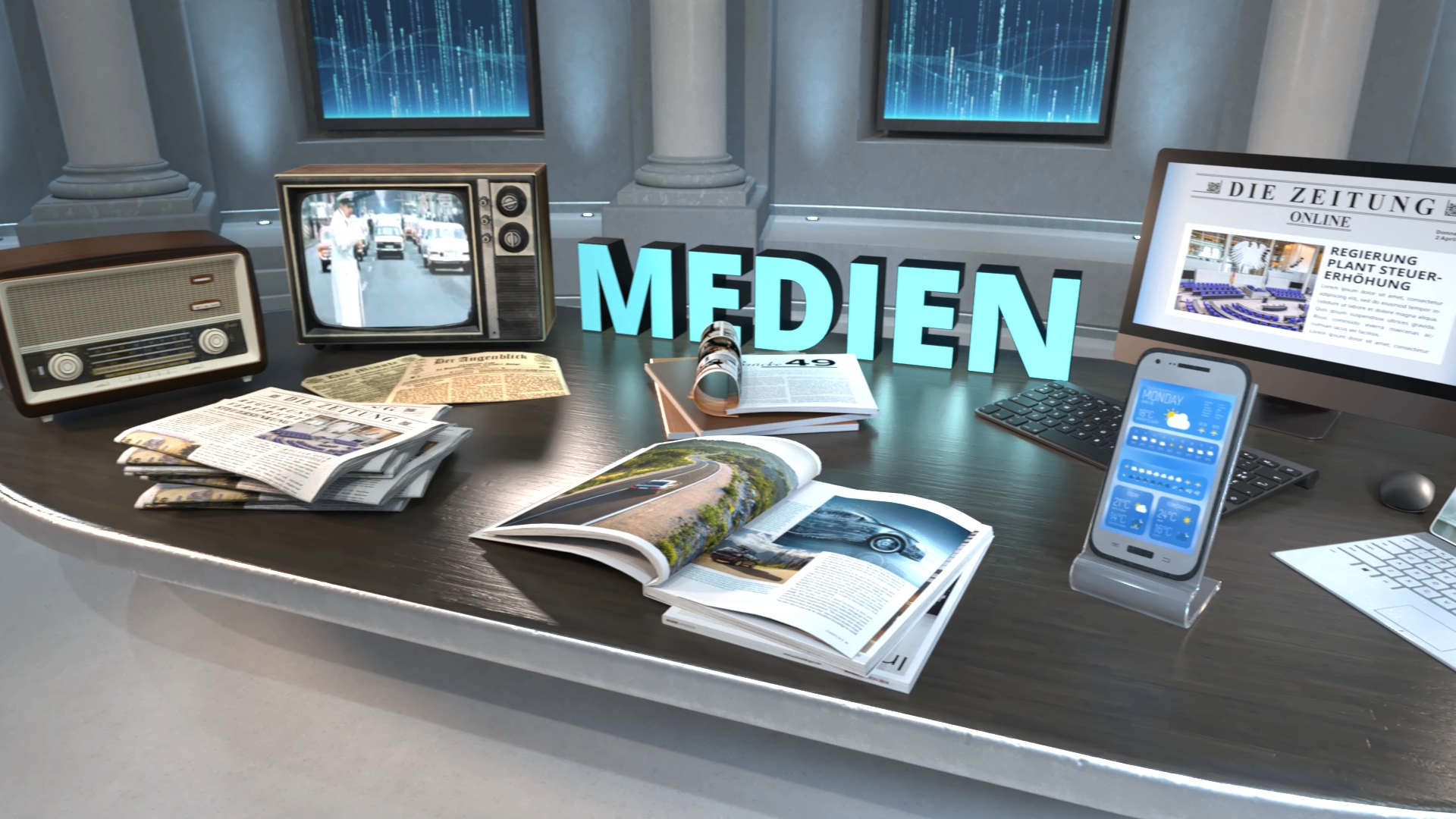 Schreibtisch mit offenem Magazin, Zeitungen, altem Radio, Fernseher mit Schwarz-Weiß-Bild, Computerbildschirm mit Nachrichtenseite und Smartphone, beleuchteter Schriftzug 'MEDIEN'.