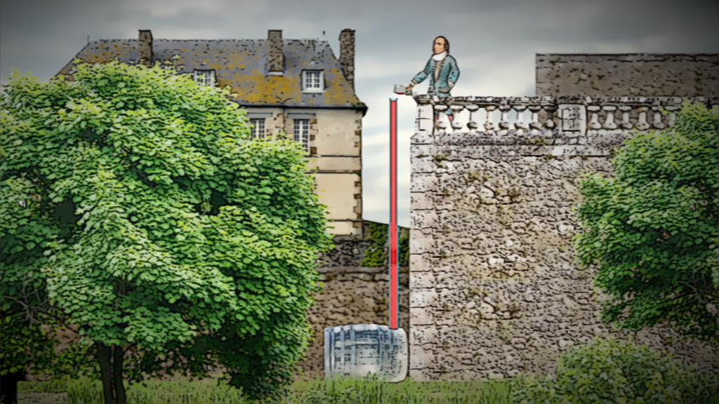 Eine historische Figur sitzt auf einer Mauer, umgeben von Bäumen und einem Gebäude im Hintergrund.
