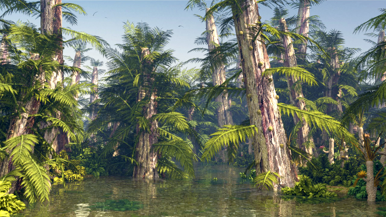 Dichte, grüne Sumpflandschaft mit hohen Bäumen und Wasserflächen.