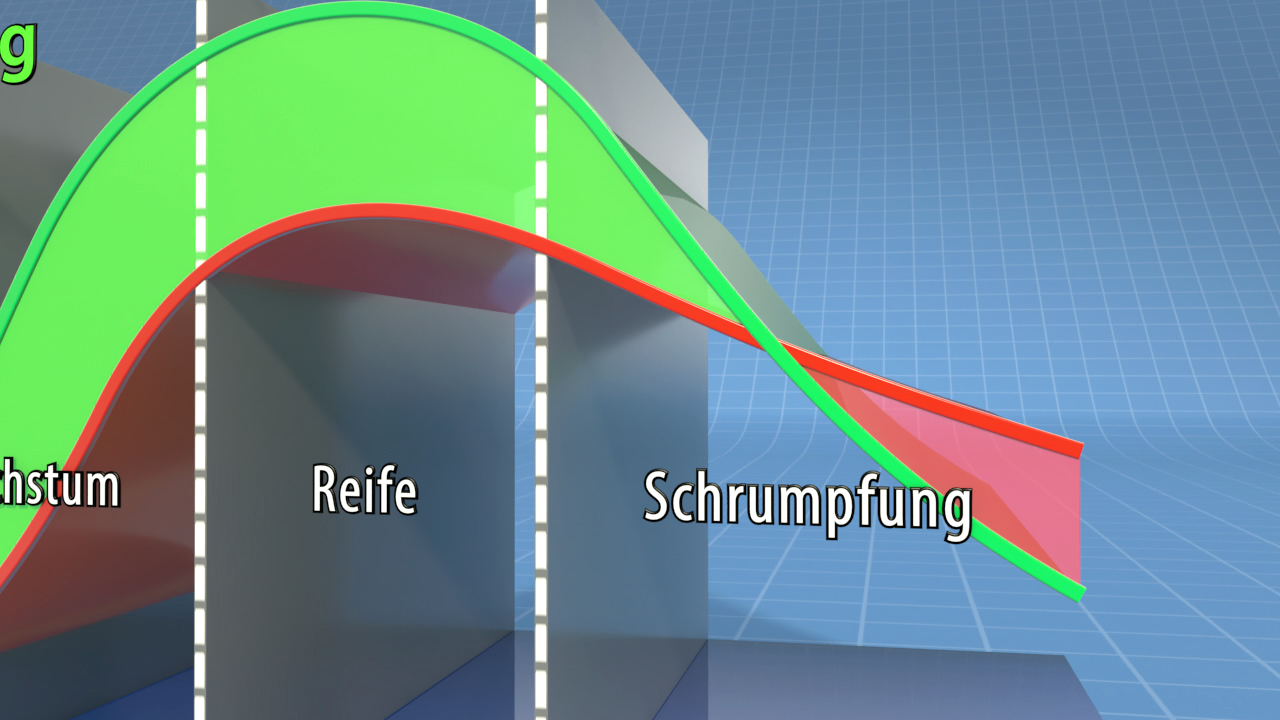 Grafik zeigt den Verlauf von Wachstum, Reife und Schrumpfung in einem Diagramm.